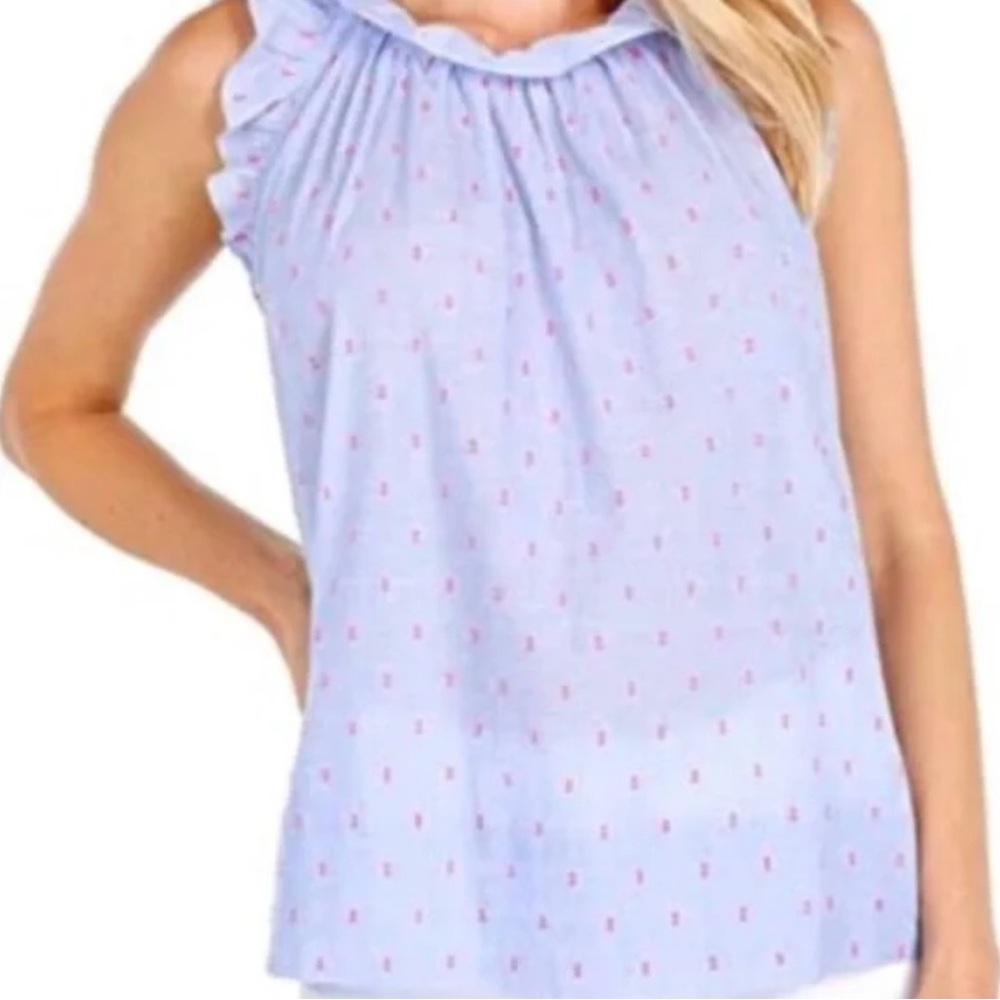 Lilly Pulitzer Blue Ruffle Top with Pink Swiss Dots